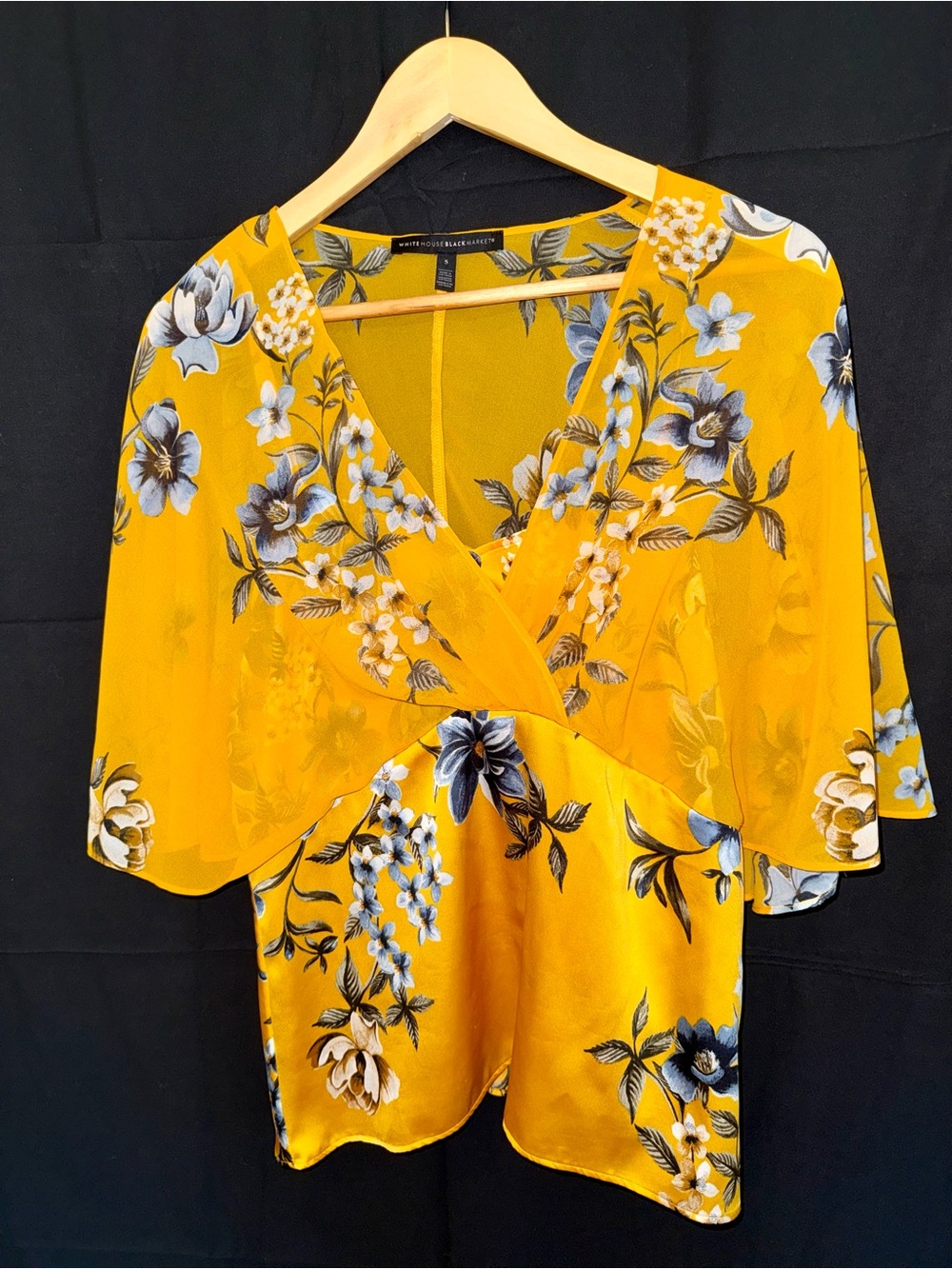 White House Black Market Mustard Yellow Floral Surplice Blouse